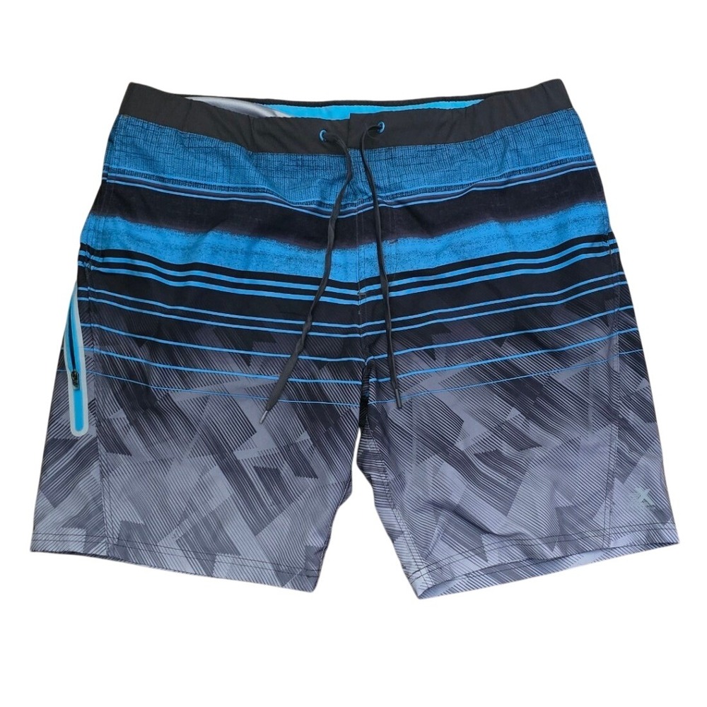 ZeroXposur Mens Board Shorts Blue Grey Geometric Stripe Swim Trunks Size XL